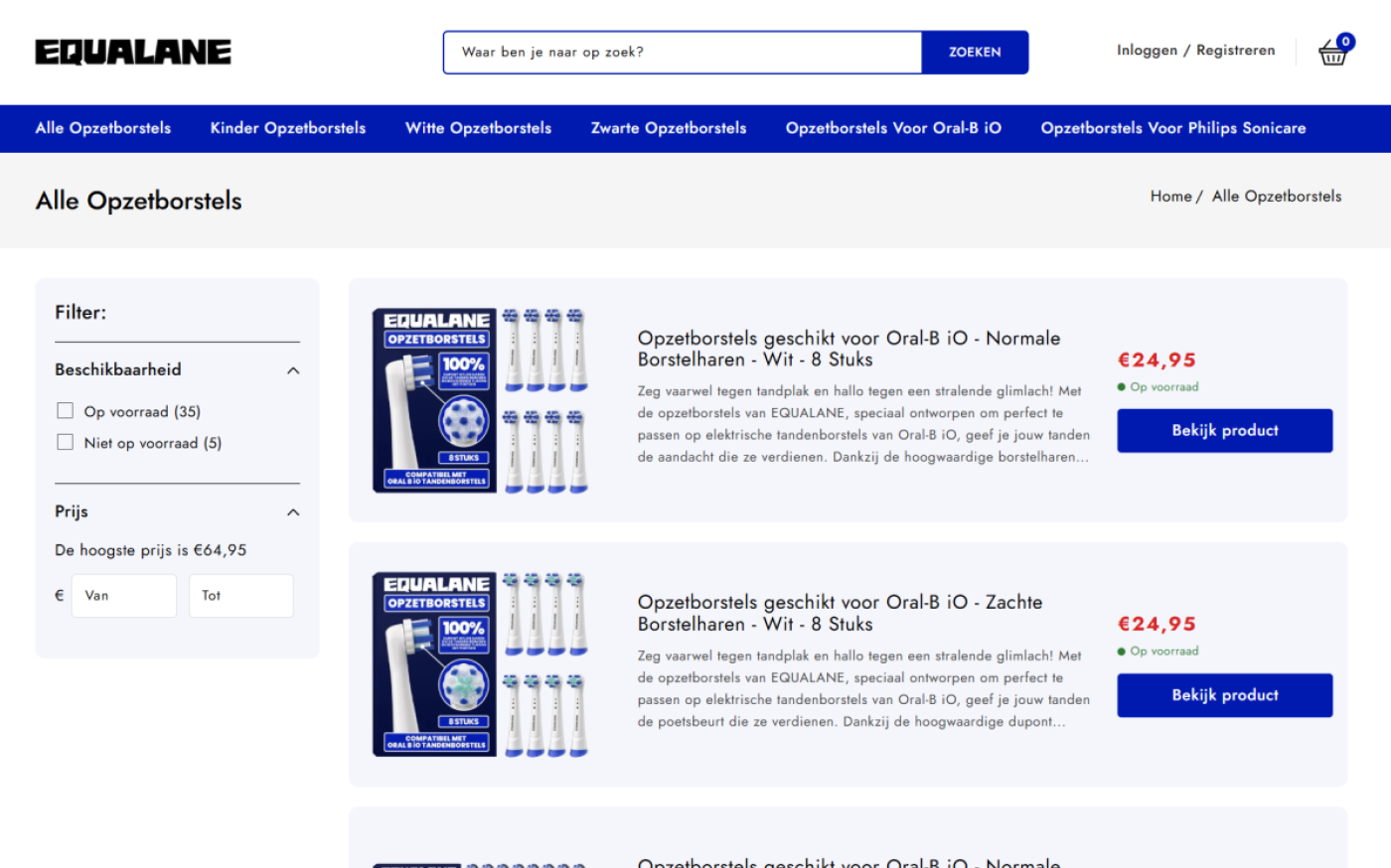 Categoriepagina Alle Opzetborstels op equalane.nl met filters, voorraadstatus en productkaarten