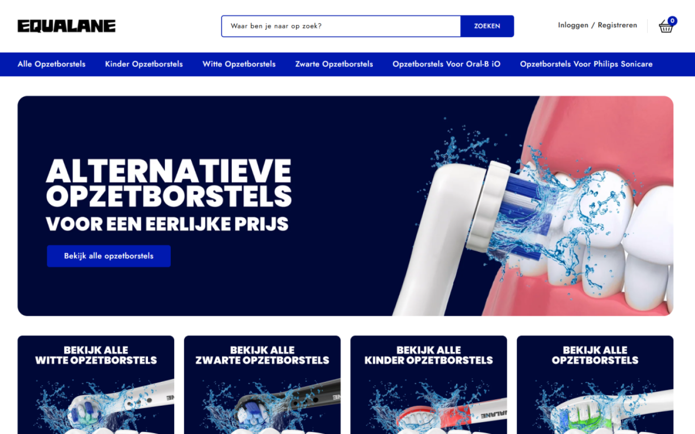 Homepage van de Shopify-webshop equalane.nl met merknavigatie en productaanbod