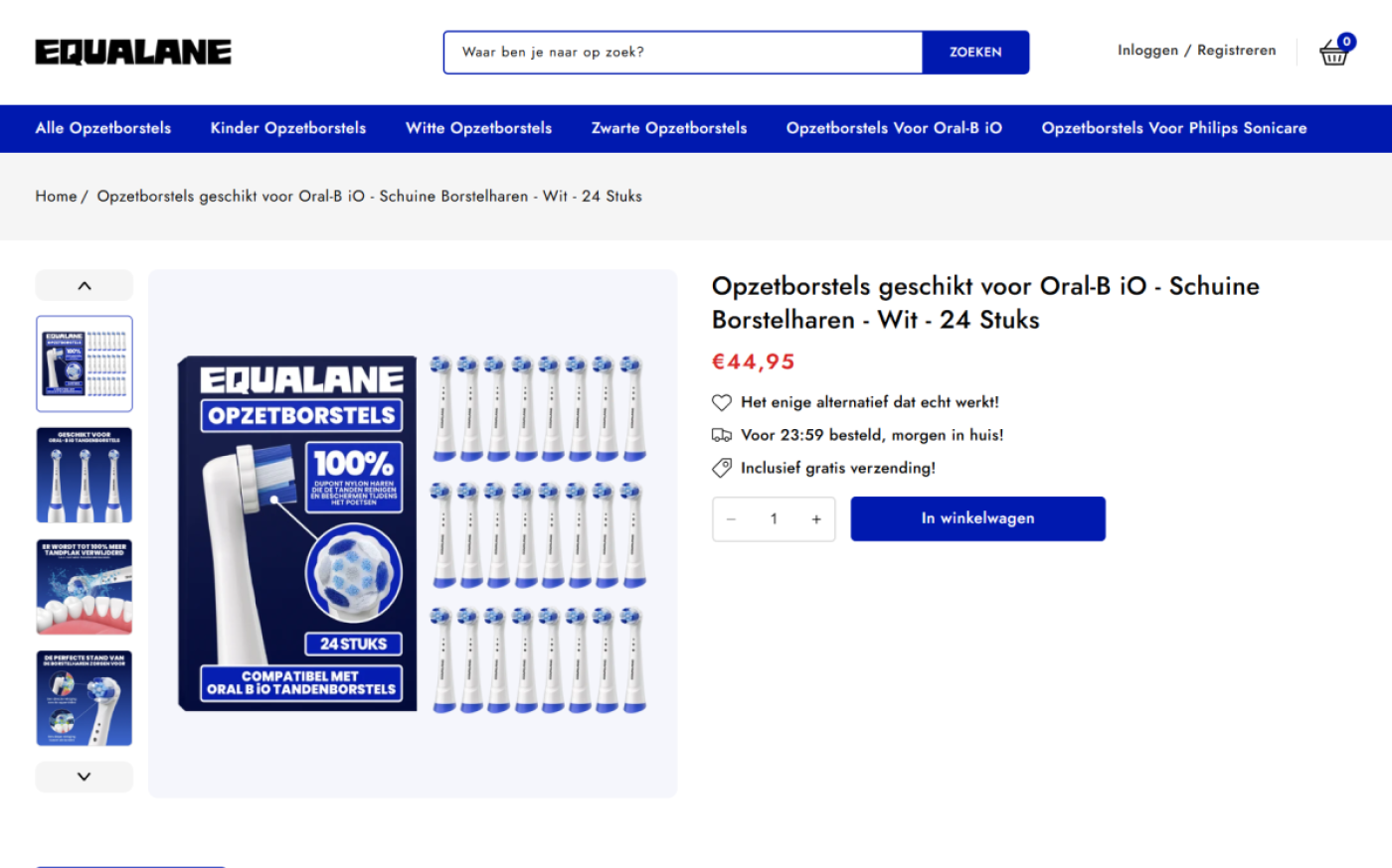 Productpagina op equalane.nl met galerij, prijs, verzendbelofte en knop In winkelwagen