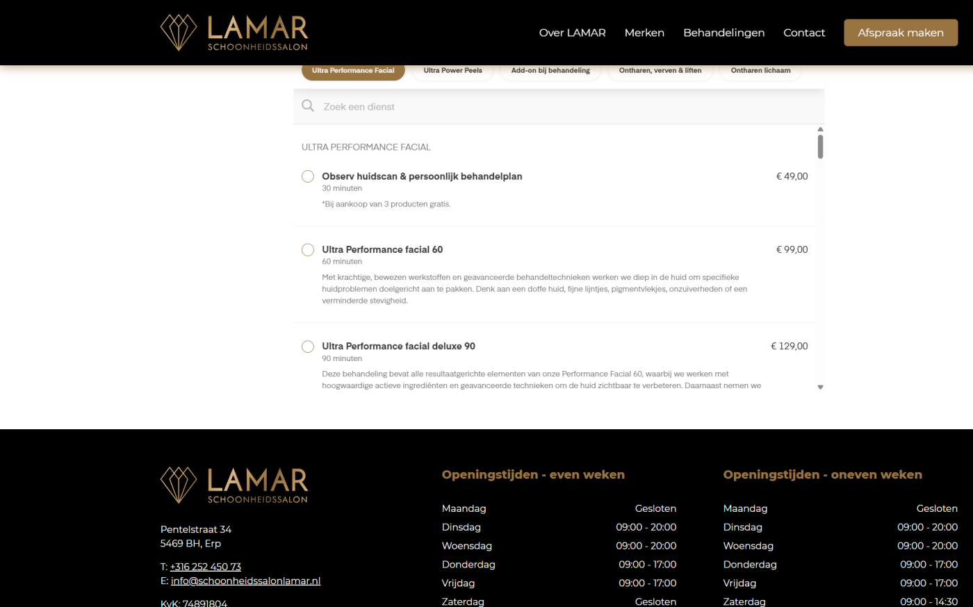 Online boekingssysteem op schoonheidssalonlamar.nl waar bezoekers een behandeling kunnen kiezen